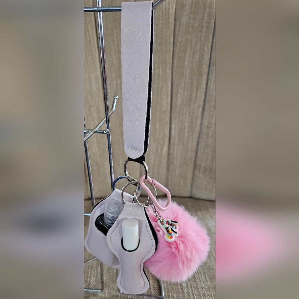 Pink High Heel Keychain with Pom Pom Peach Lip Care & Sanitizer Included New